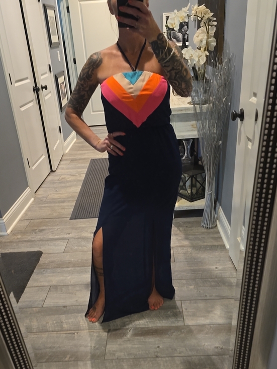 Jealous Tomato Dresses & Skirts - Jealous Tomato Navy Maxi Dress with Pink, Orange & Turquoise Chevron Bodice